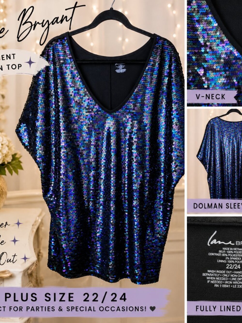 Lane Bryant Sequin Blue Purple Iridescent Dolman Sleeve Fully Lined Top 22/24